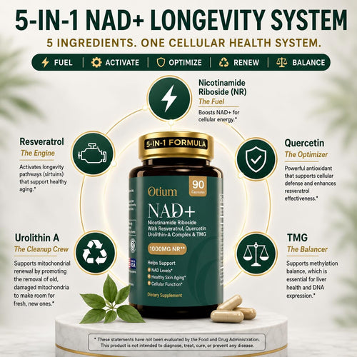 Oritium NAD+ supplement bottle with 5-in-1 NAD+ Longevity System description on a light background.