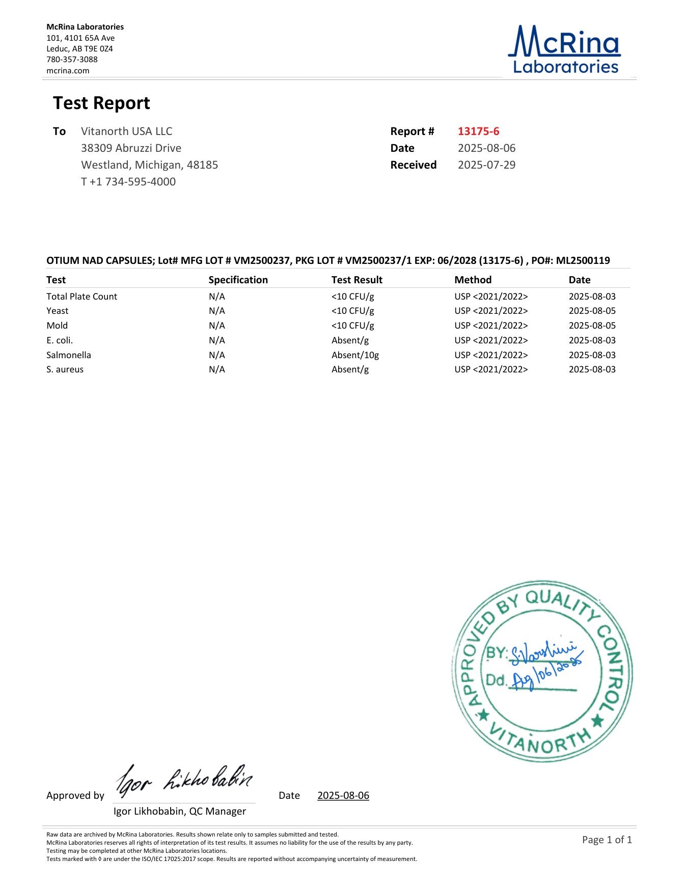 Microbial safety certificate of analysis